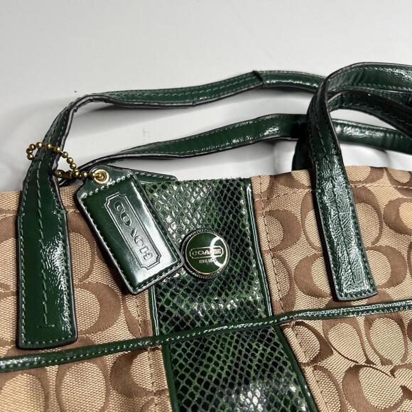Coach F22706 Signature Stripe Patent Leather Tote Khaki Green Python Trim Handba - Picture 7 of 10